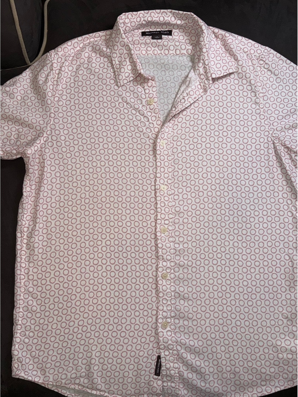Michael Kors Men's Large White Button-Up Shirt with Red Circular Pattern, Linen-